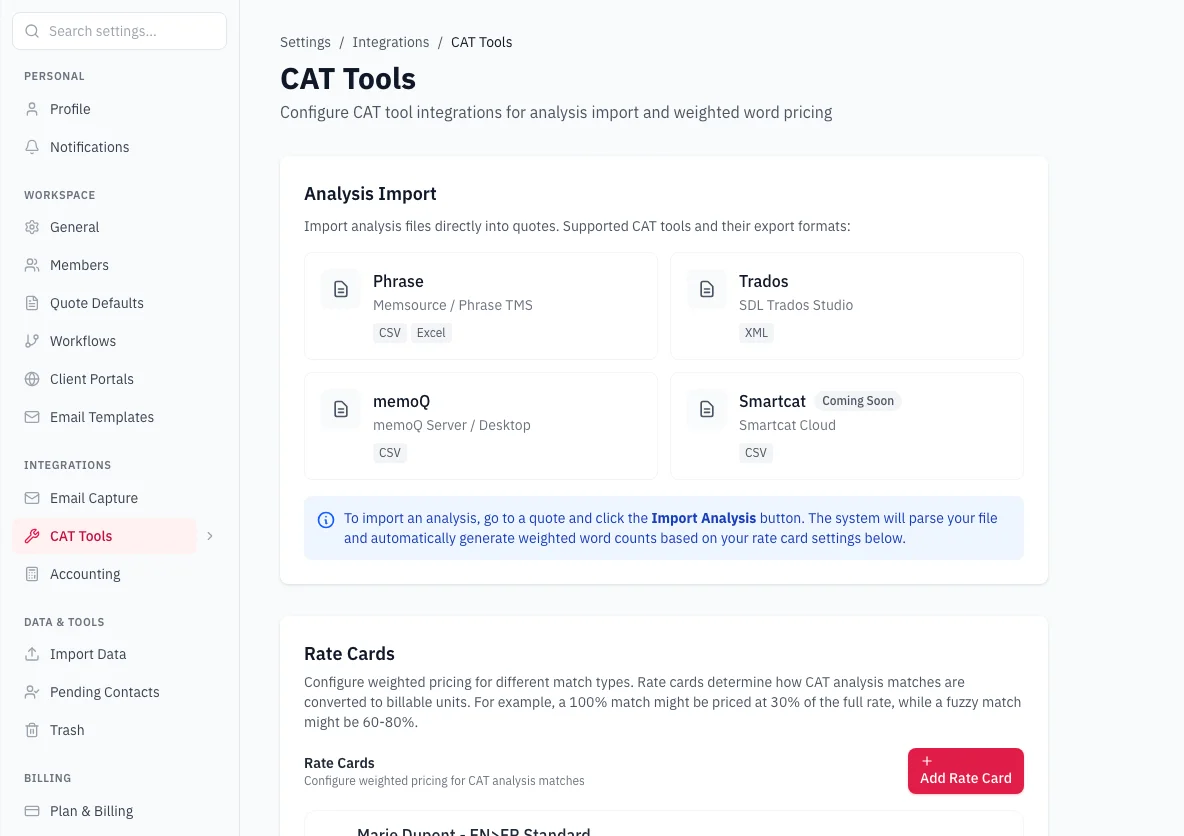 Screenshot of Rate Cards
