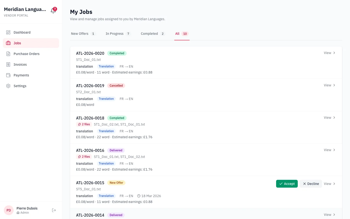 Screenshot of Vendor Portal
