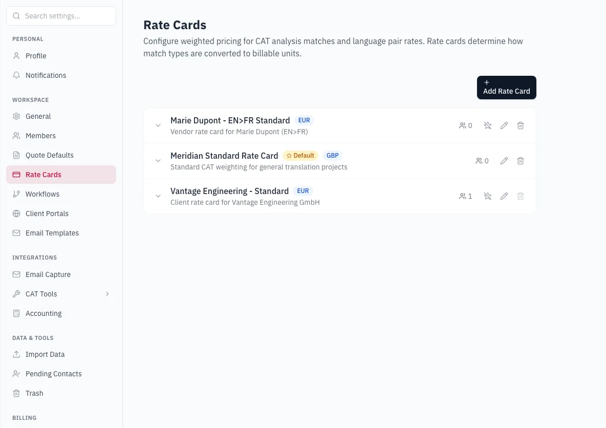 Screenshot of Rate Cards