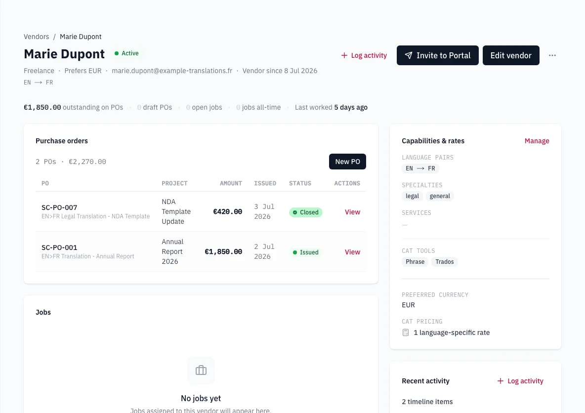 Screenshot of Vendor Details