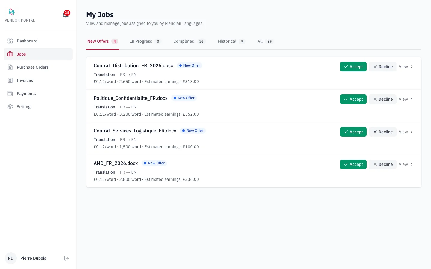 Screenshot of Vendor Portal